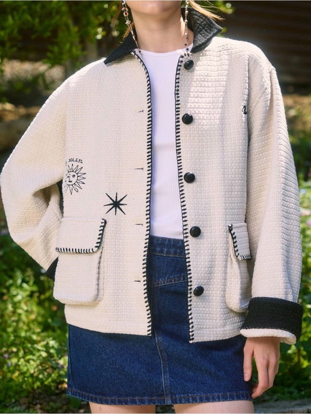 NWT Raisonnel Embroidered Tweed Jacket Medium Ivory Black